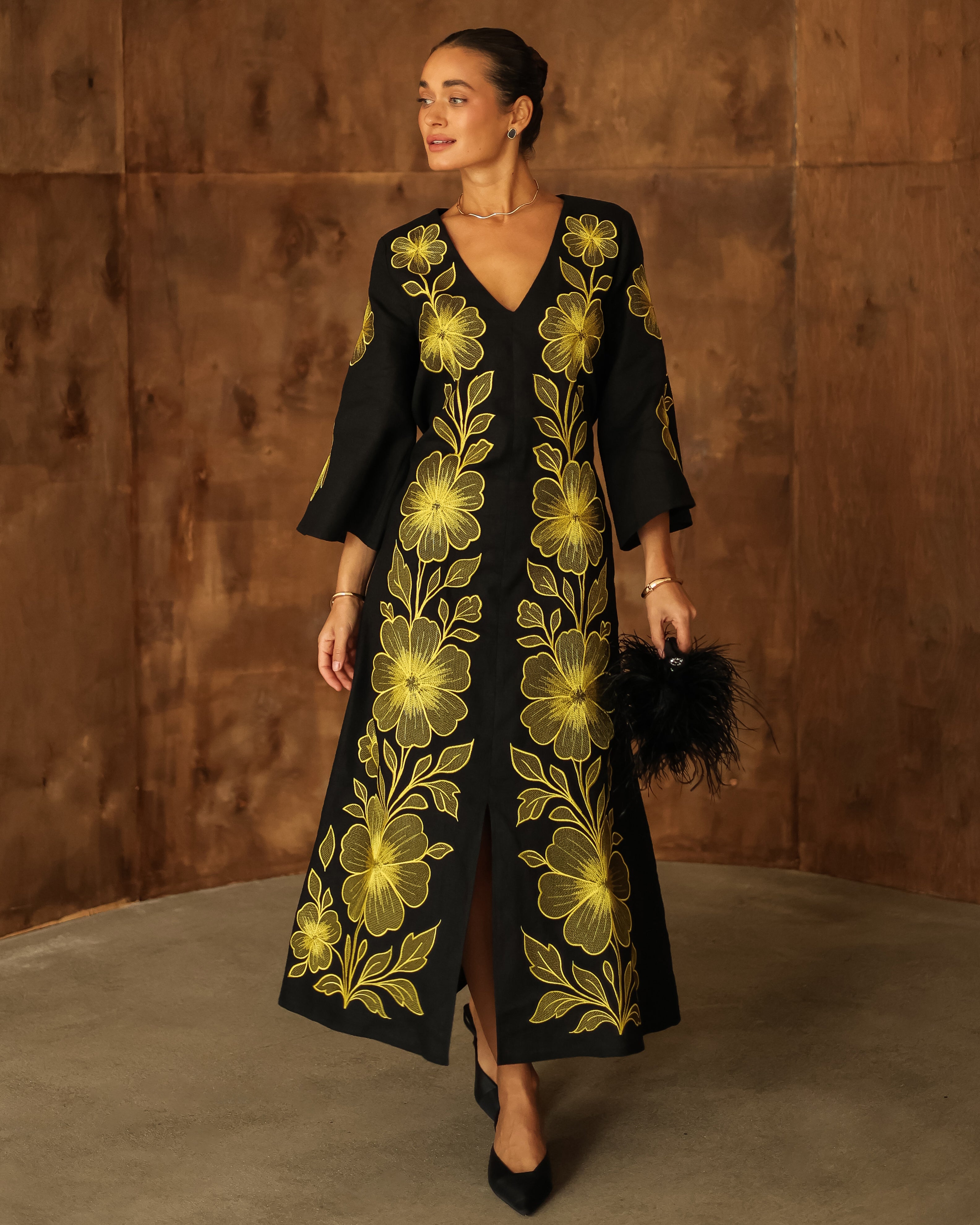 Black Embroidered Linen Dress | ZALXNDRA