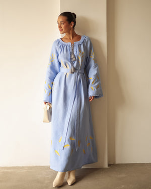Powder Blue Embroidered Linen Maxi Dress | ZALXNDRA