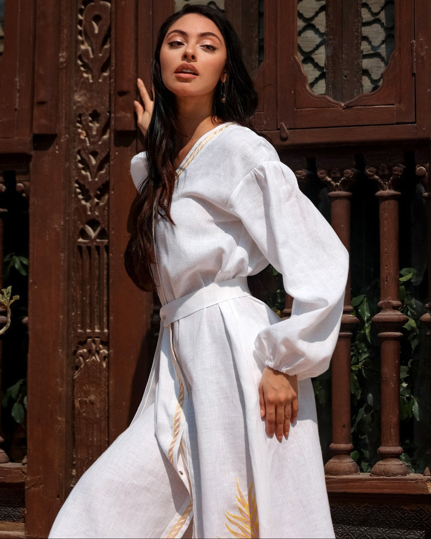 White Gold Embroidered Linen Kaftan Maxi Dress