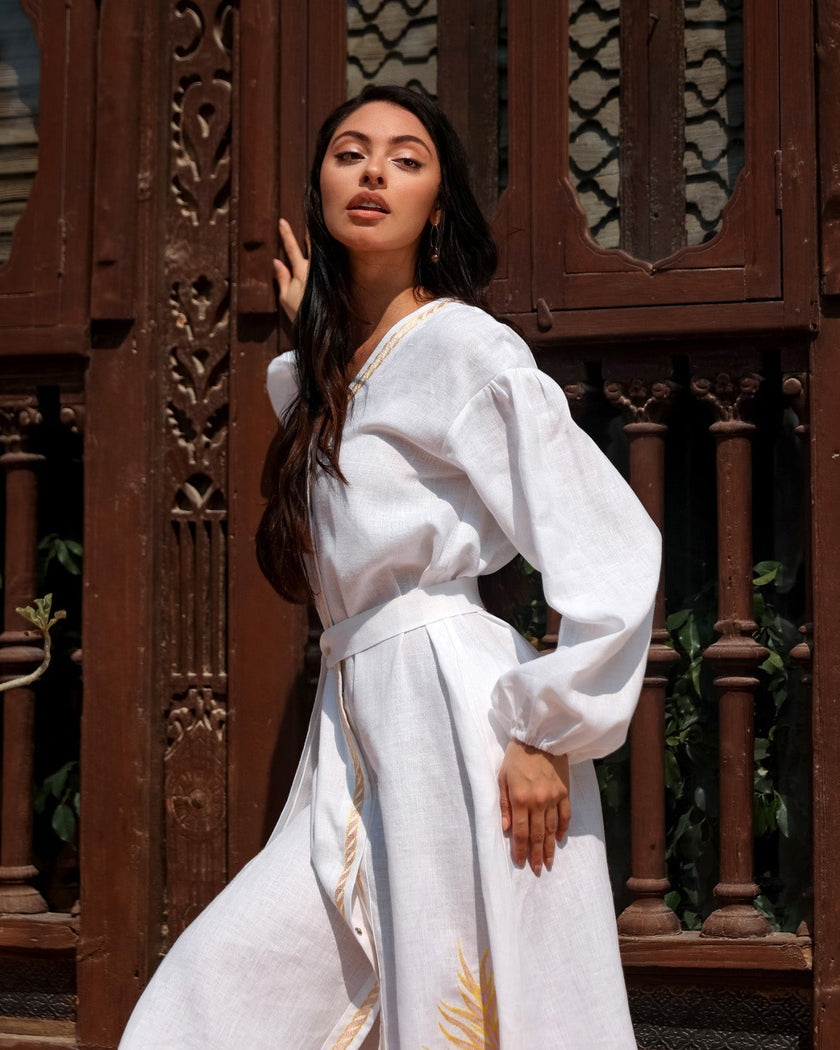White Embroidered Linen Maxi Dress – Balloon Sleeves | ZALXNDRA