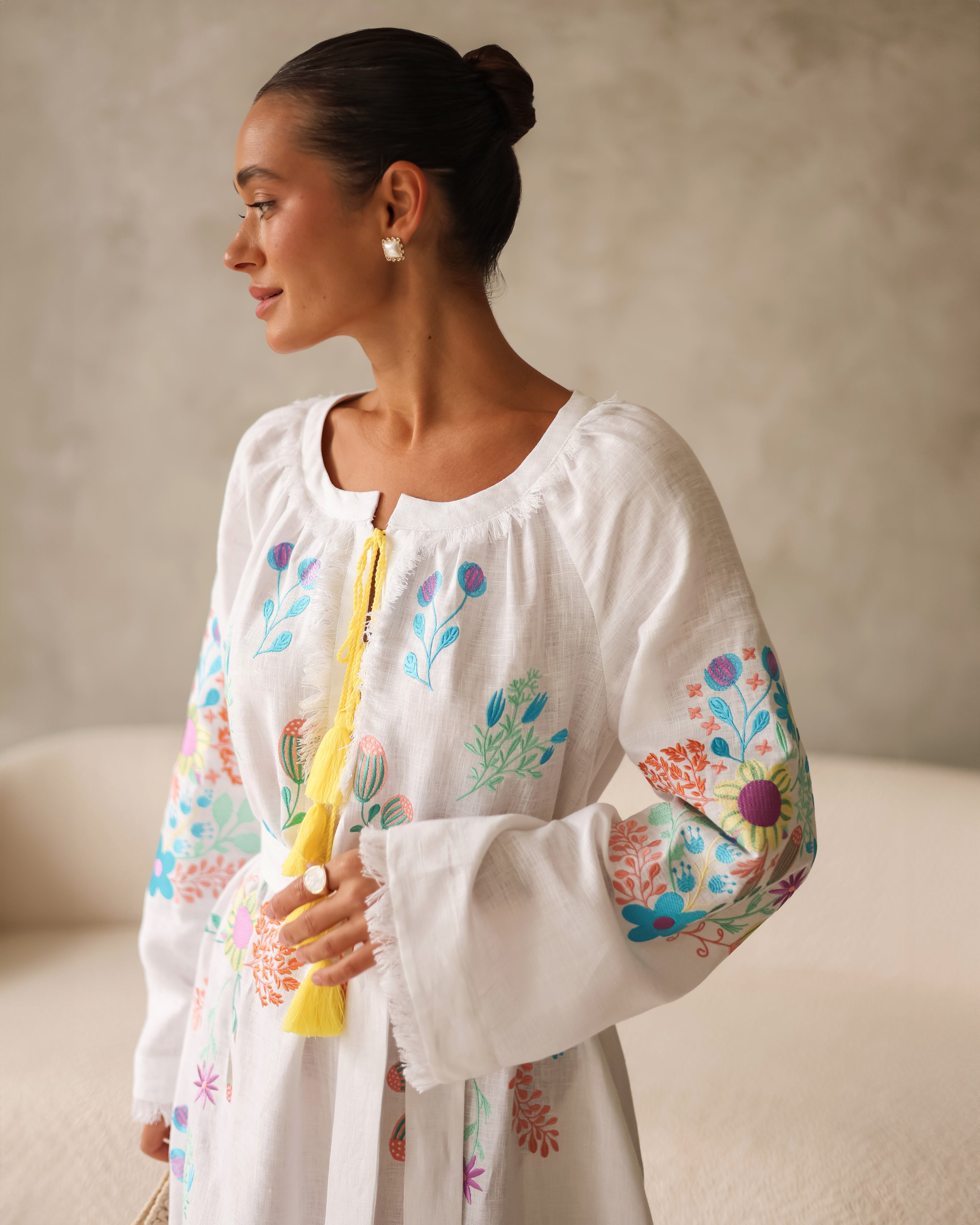 White Embroidered Linen Maxi Dress | ZALXNDRA