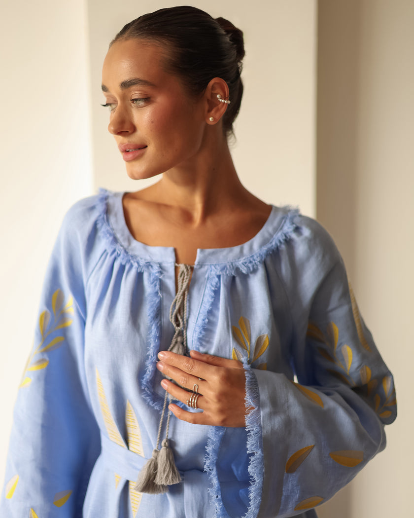 Powder Blue Embroidered Linen Maxi Dress | ZALXNDRA