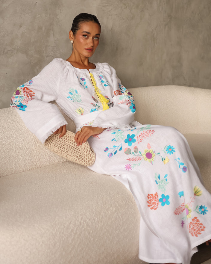 White Embroidered Linen Maxi Dress | ZALXNDRA