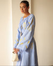 Powder Blue Yellow Leaf Embroidered Linen Kaftan Maxi Dress