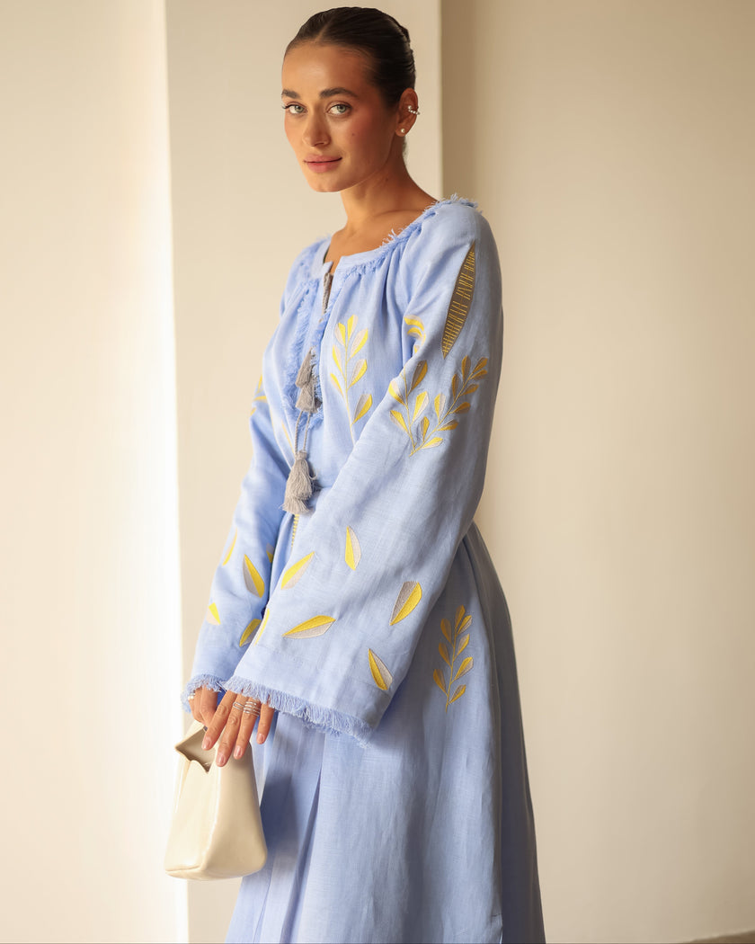 Powder Blue Yellow Leaf Embroidered Linen Kaftan Maxi Dress