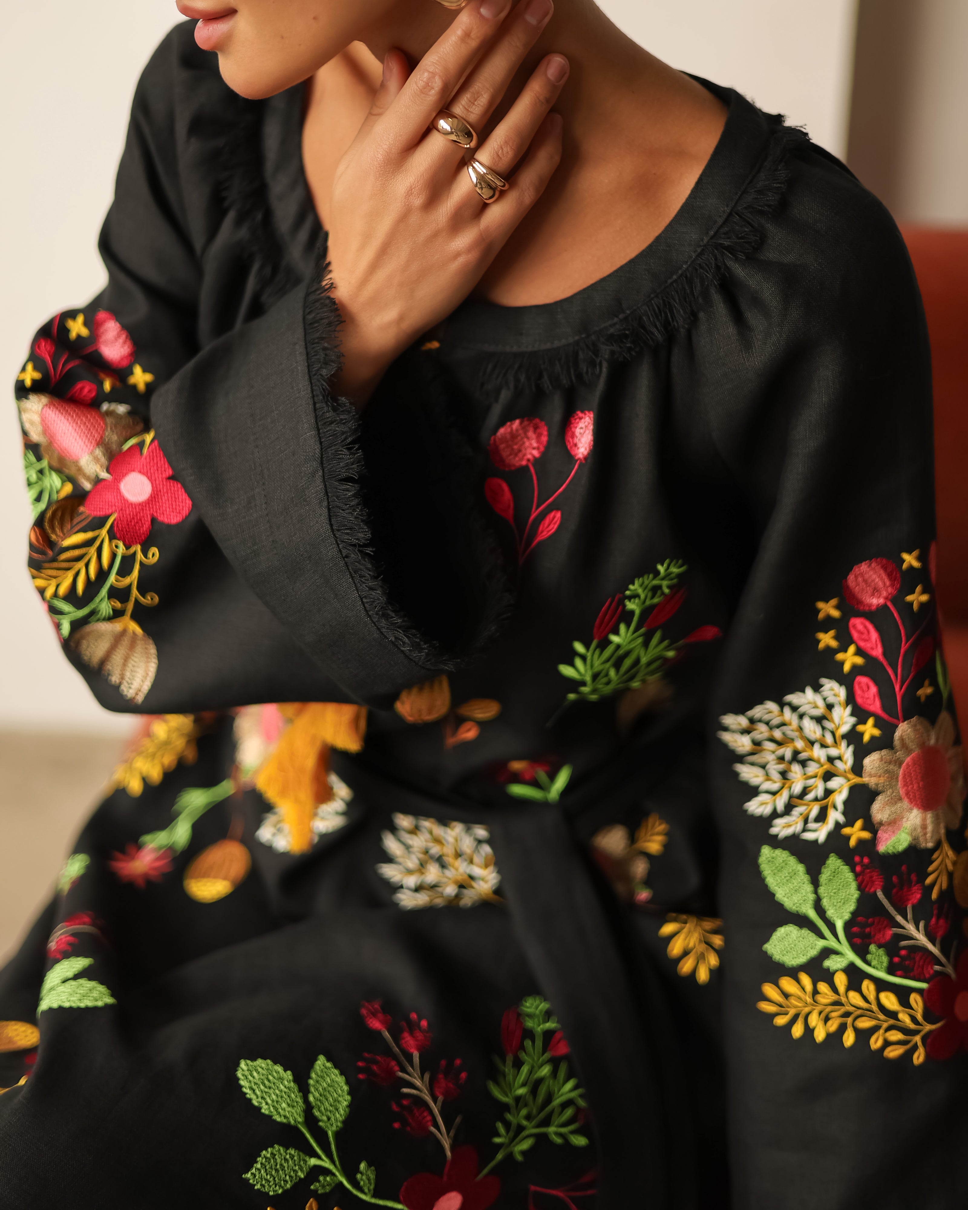 Black Embroidered Linen Maxi Dress | ZALXNDRA