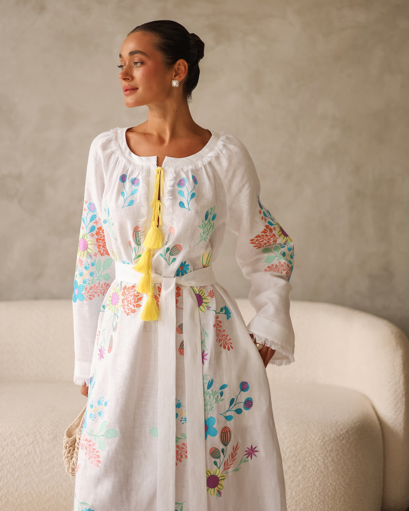 White Embroidered Linen Maxi Dress | ZALXNDRA