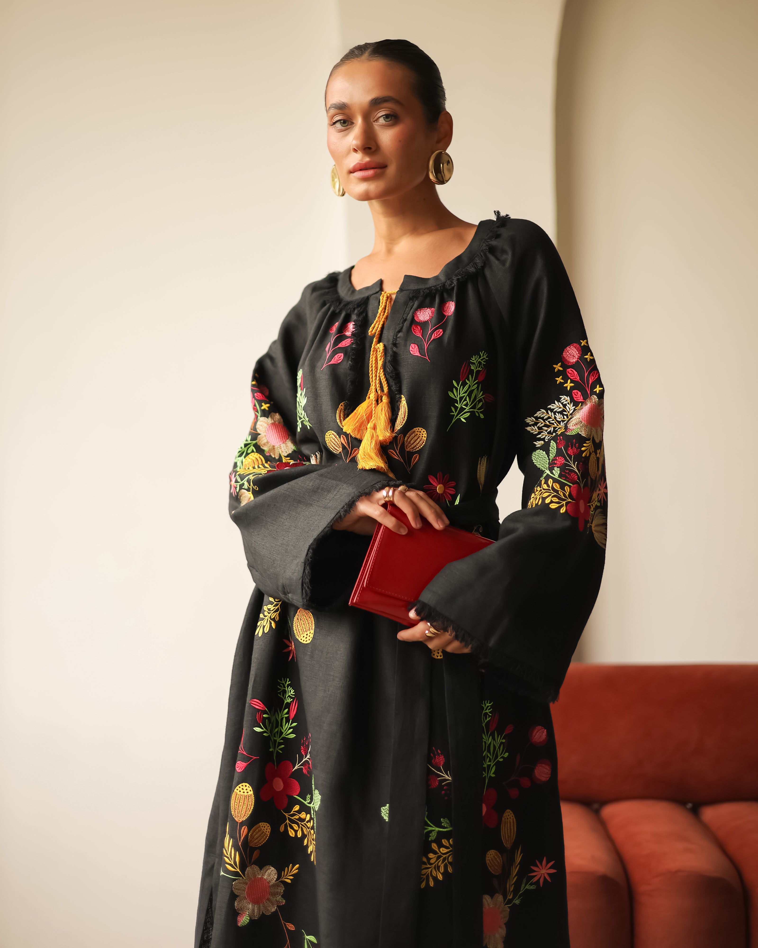 Black Embroidered Linen Maxi Dress | ZALXNDRA