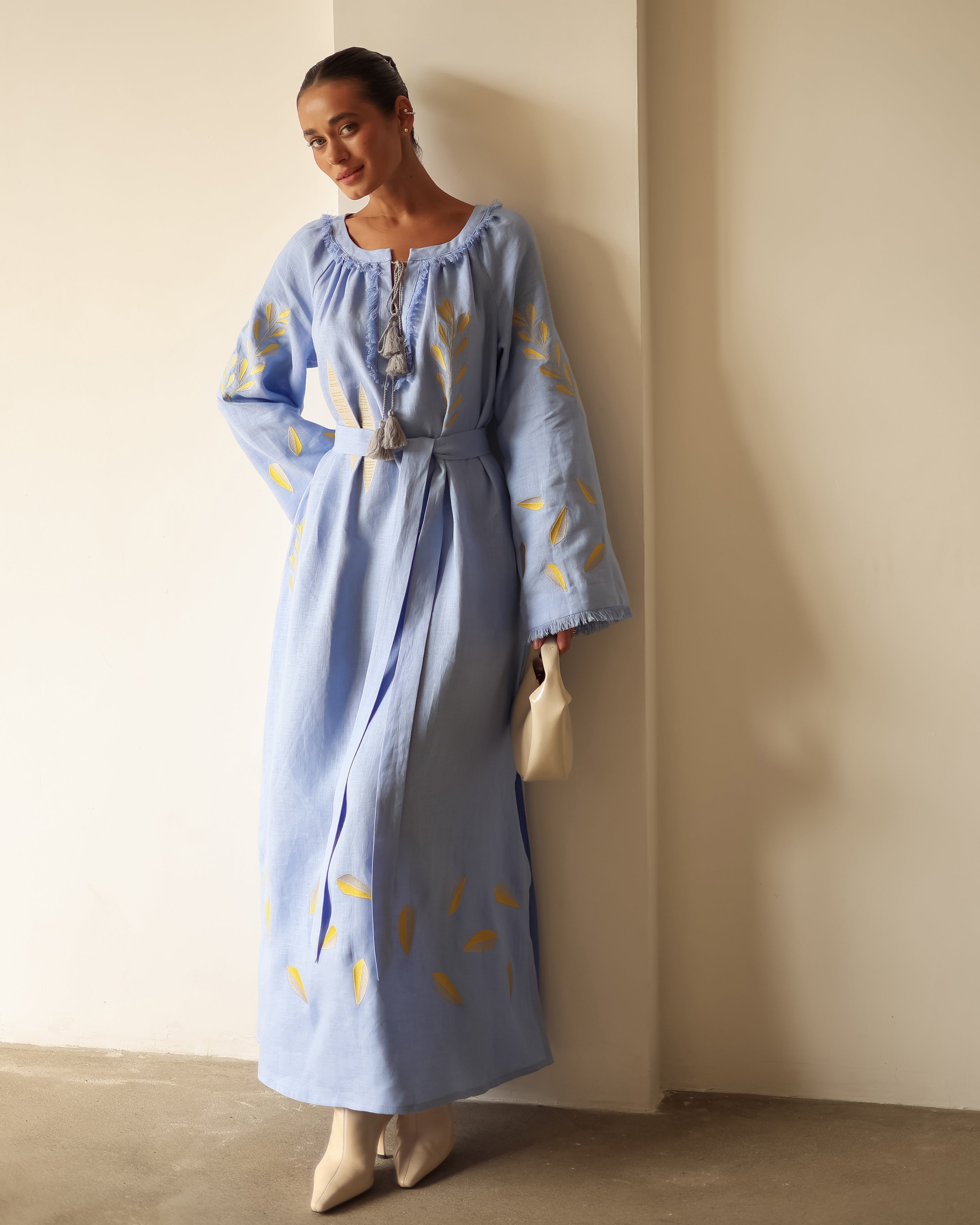 Powder Blue Embroidered Linen Maxi Dress | ZALXNDRA