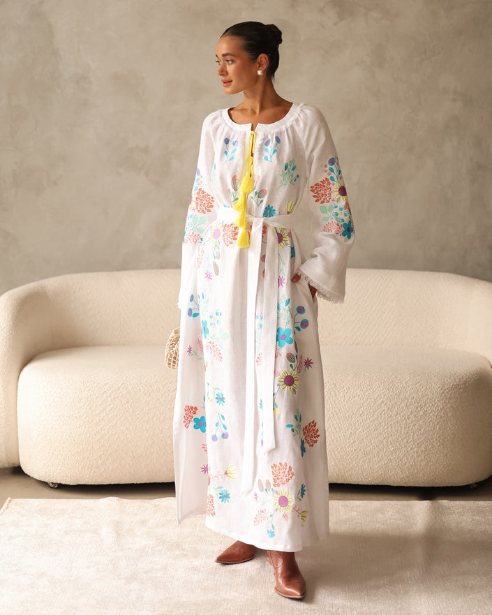 White Embroidered Linen Maxi Dress | ZALXNDRA