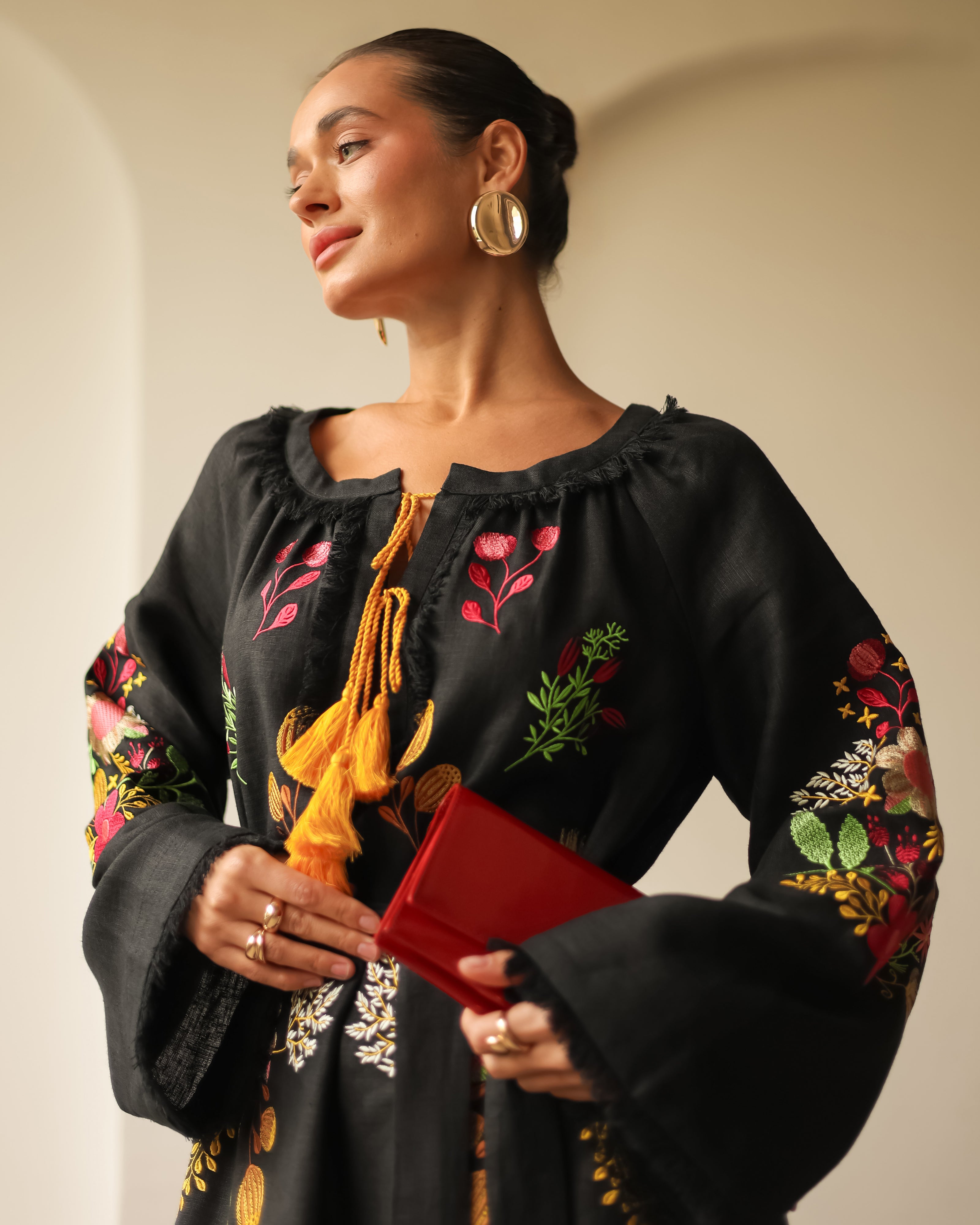 Black Embroidered Linen Maxi Dress | ZALXNDRA