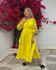 Lemon Yellow Embroidered Linen Maxi Dress – Balloon Sleeves
