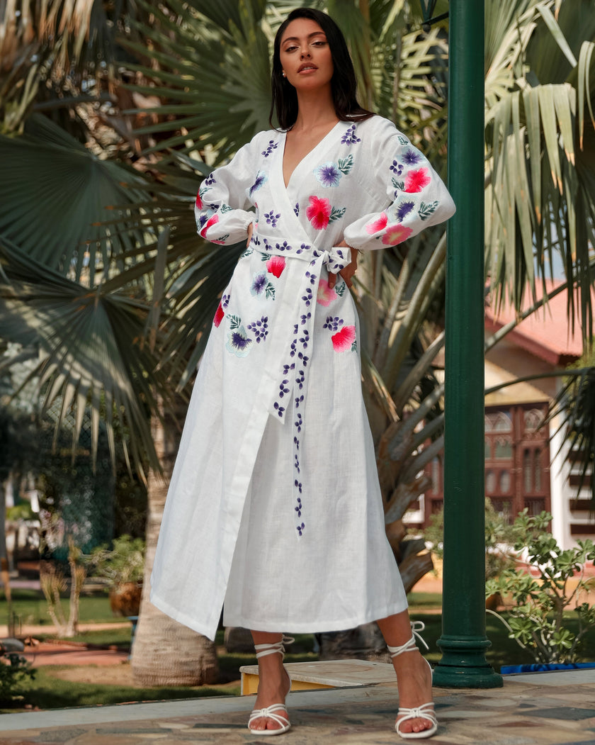 White Multi-Color Floral Embroidered Linen Wrap Kaftan Maxi Dress