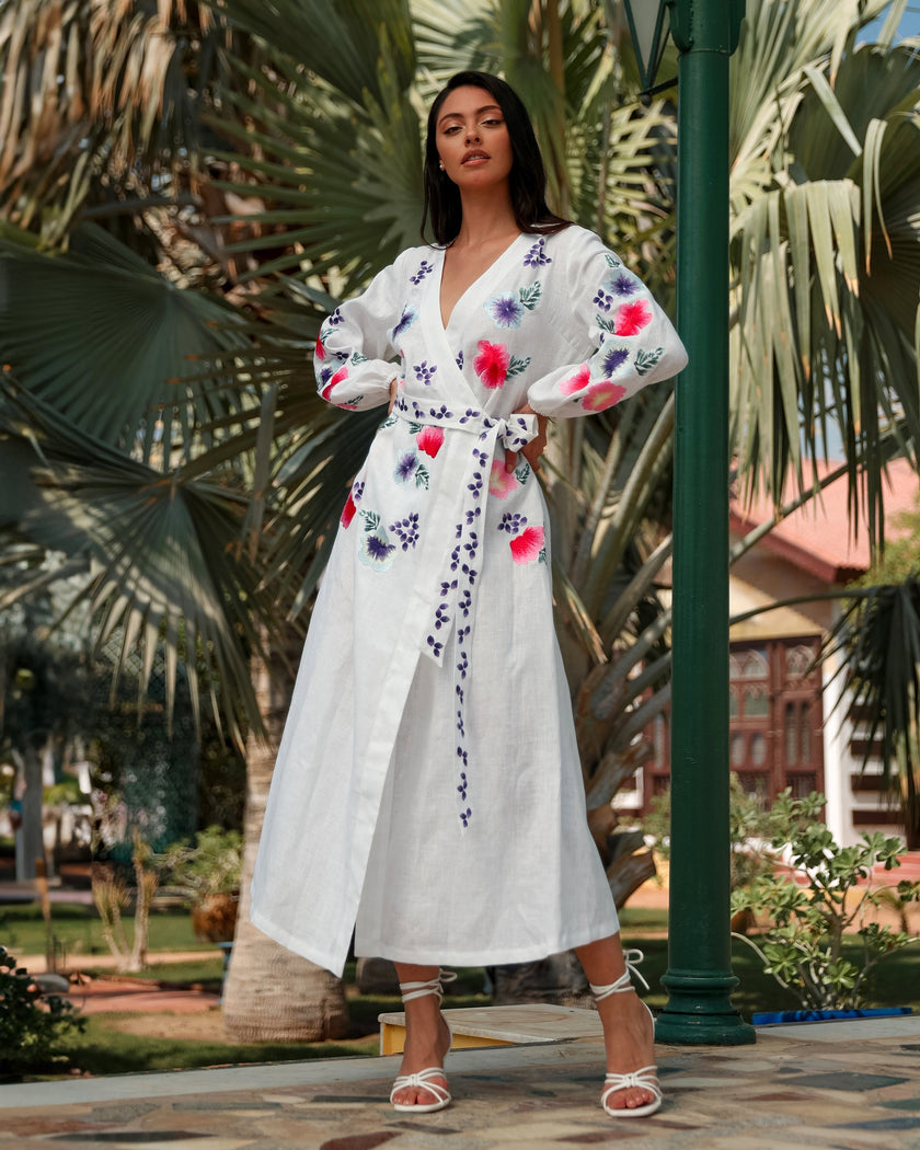 White Embroidered Linen Maxi Dress – Balloon Sleeves | ZALXNDRA