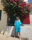 Turquoise Embroidered Linen Tunic Dress – Balloon Sleeves
