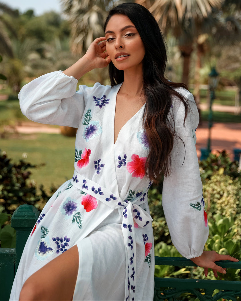 White Multi-Color Floral Embroidered Linen Wrap Kaftan Maxi Dress