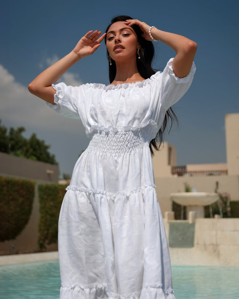 White Embroidered Linen Dress | ZALXNDRA