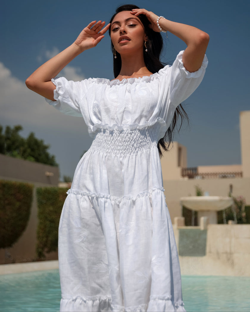 White Tonal Embroidered Off-the-Shoulder Linen Midi Dress