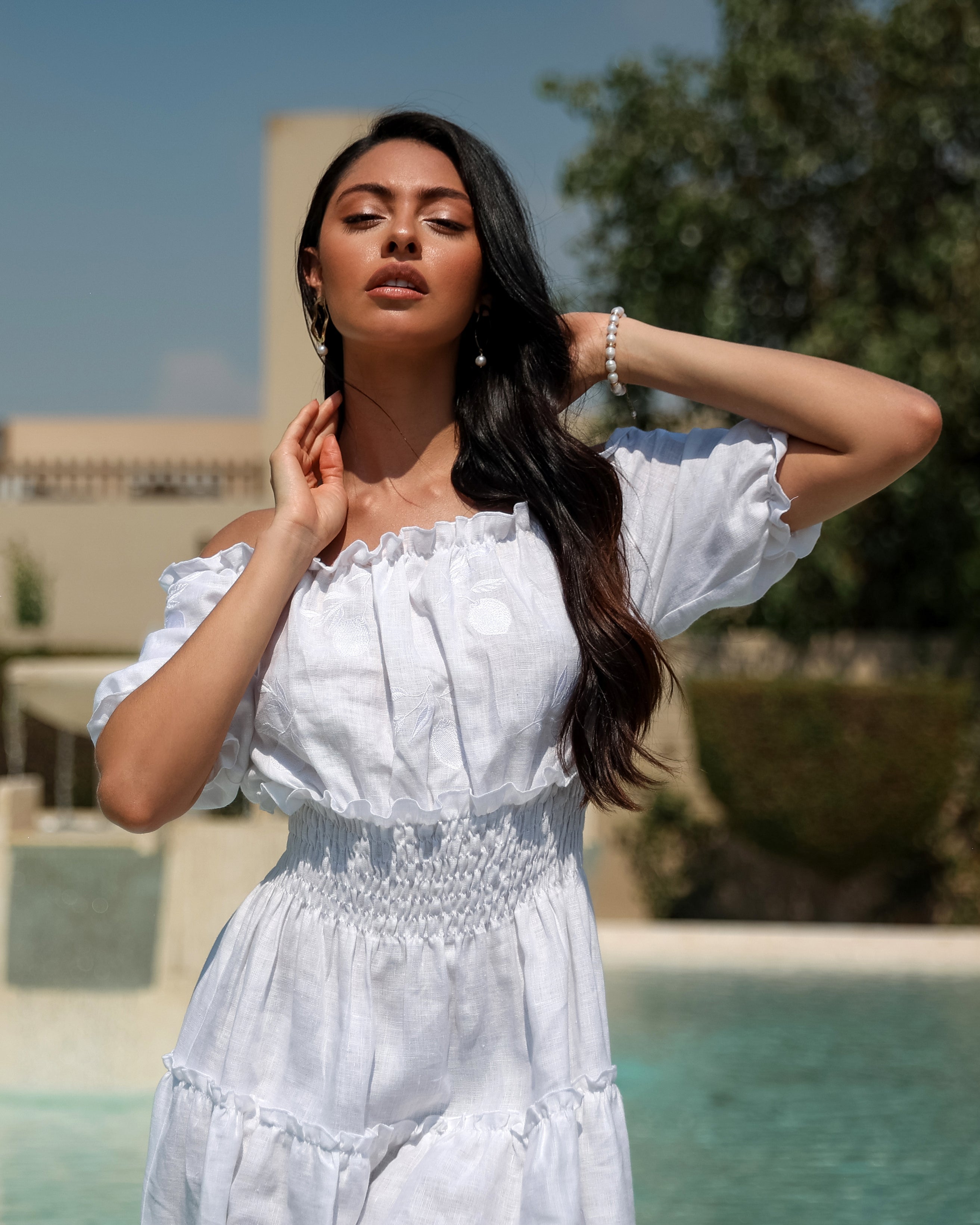 White Embroidered Linen Dress || ZALXNDRA