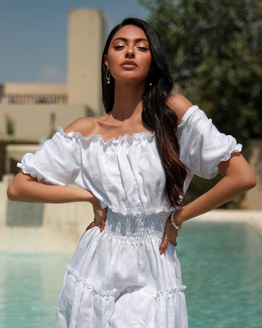 White Embroidered Linen Dress | ZALXNDRA