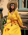 Saffron Yellow Embroidered Linen Maxi Dress – Balloon Sleeves