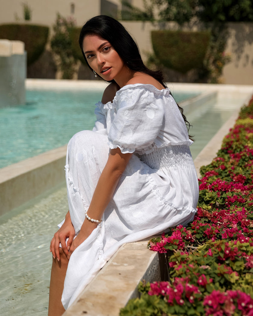 White Embroidered Linen Dress | ZALXNDRA
