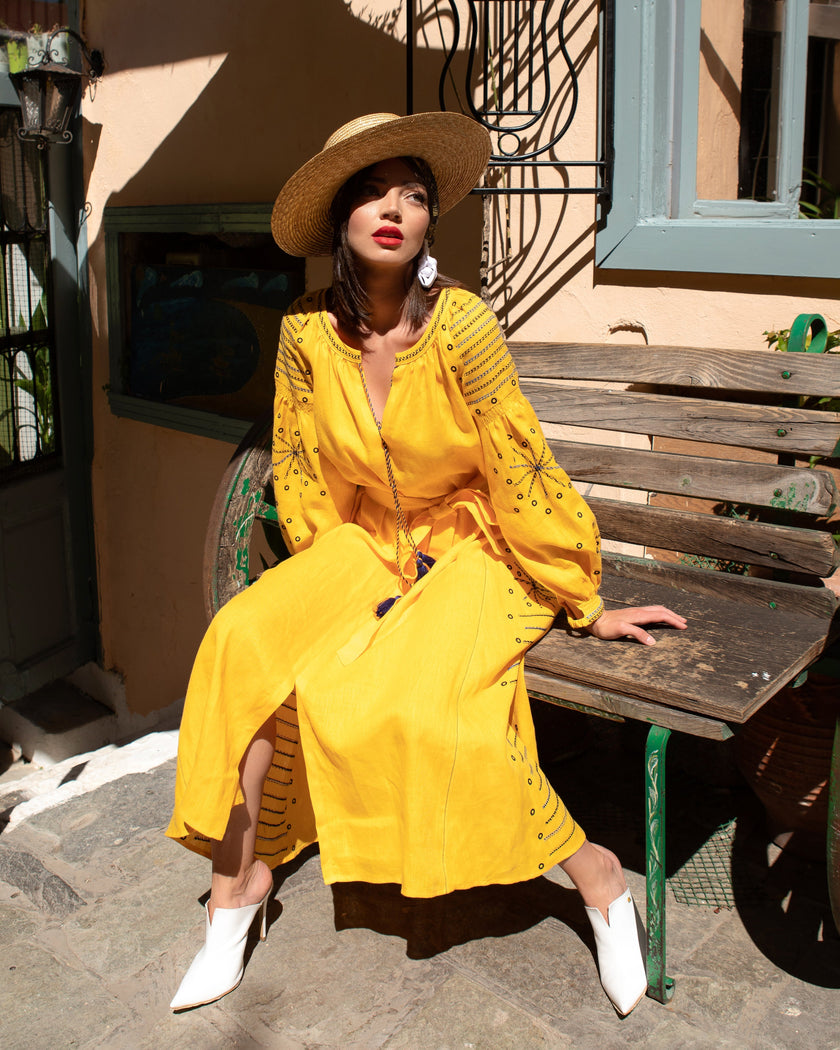Saffron Yellow Embroidered Linen Maxi Dress | ZALXNDRA