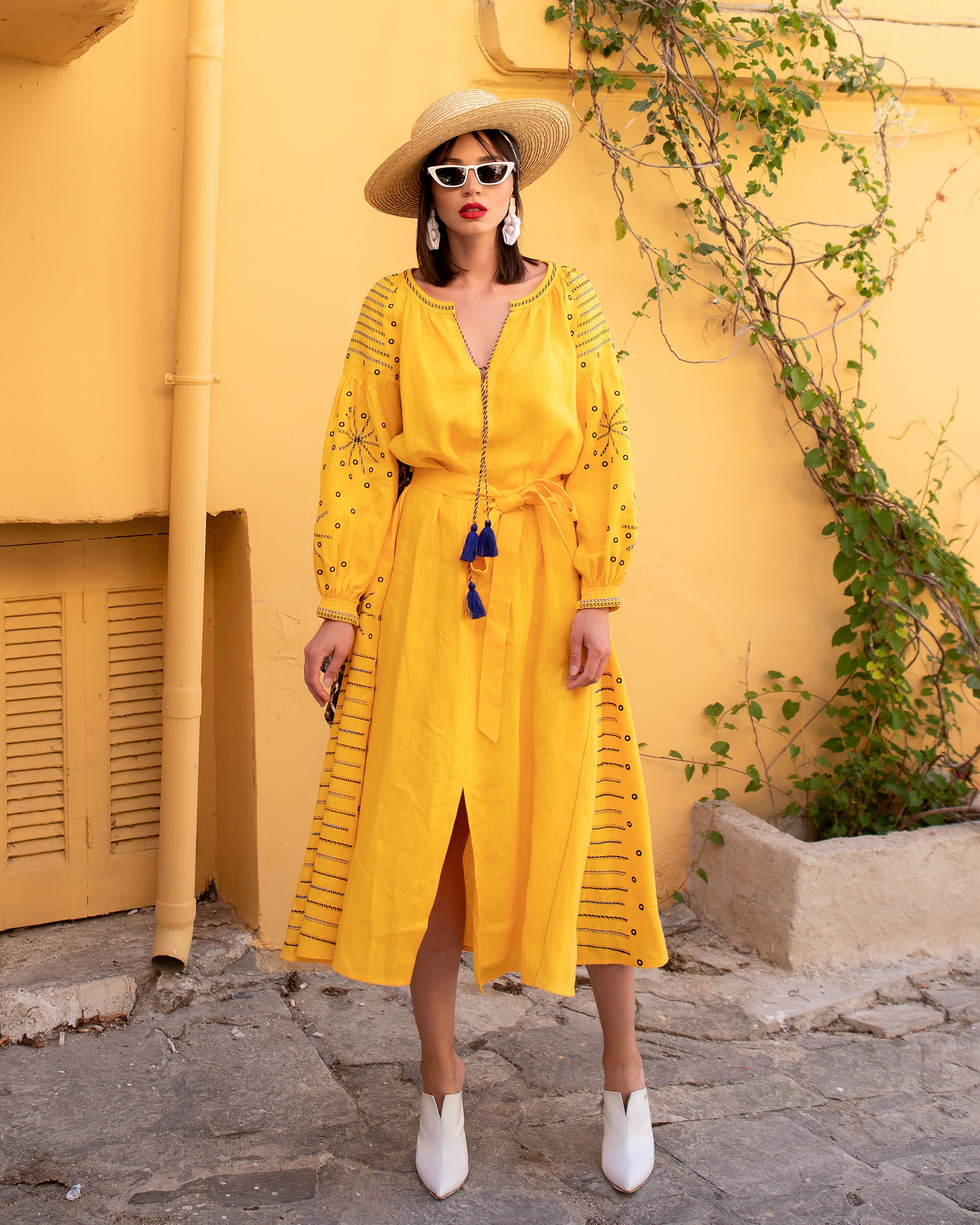 Saffron Yellow Embroidered Linen Maxi Dress – Balloon Sleeves