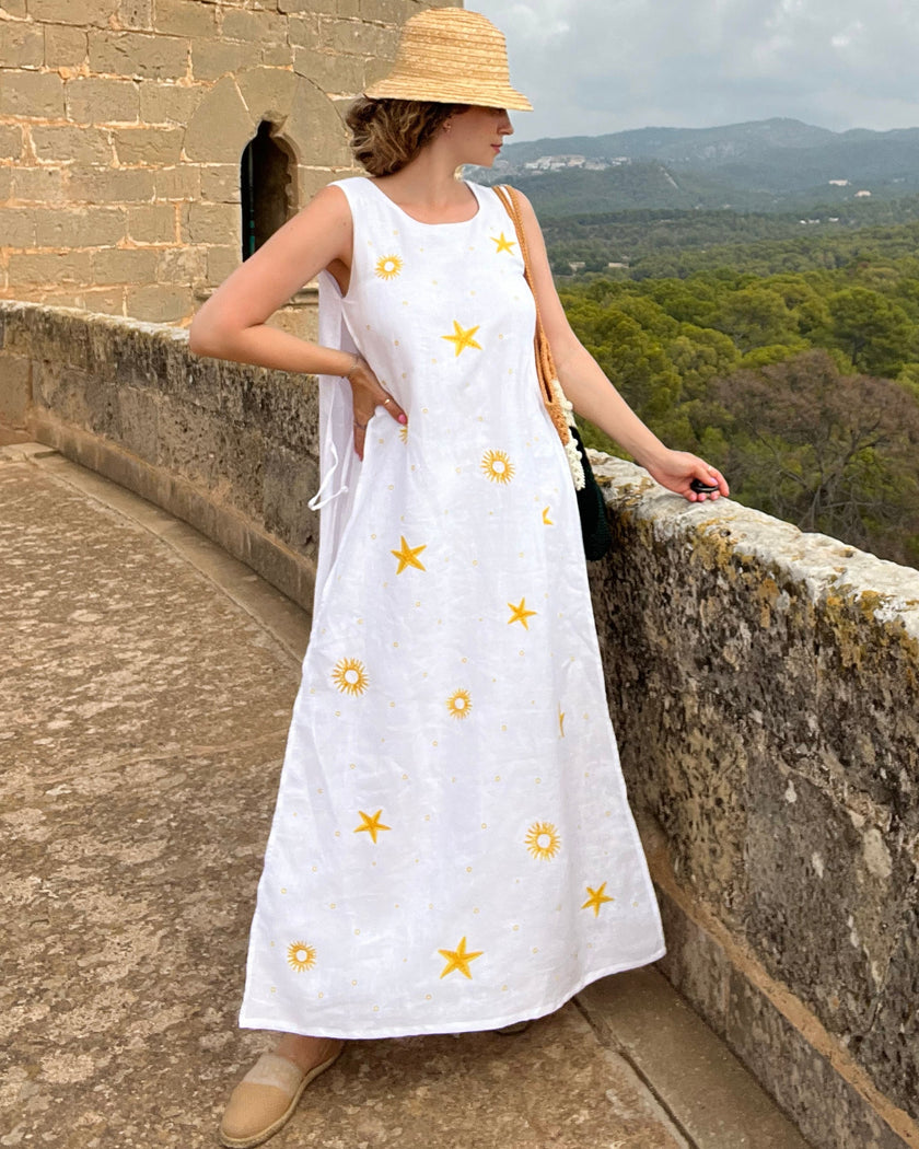 White Yellow Sun and Star Embroidered Linen Maxi Dress