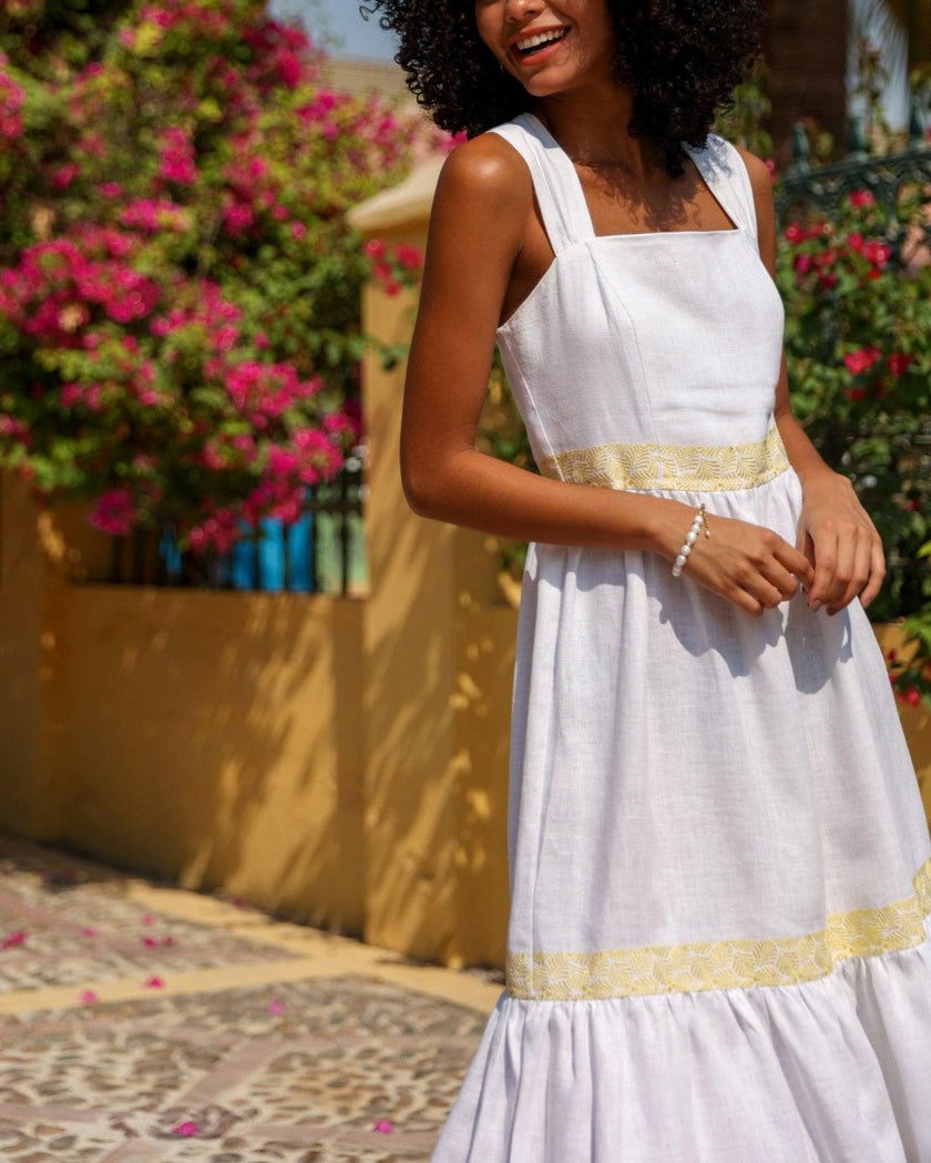White Gold Embroidered Linen Midi Dress