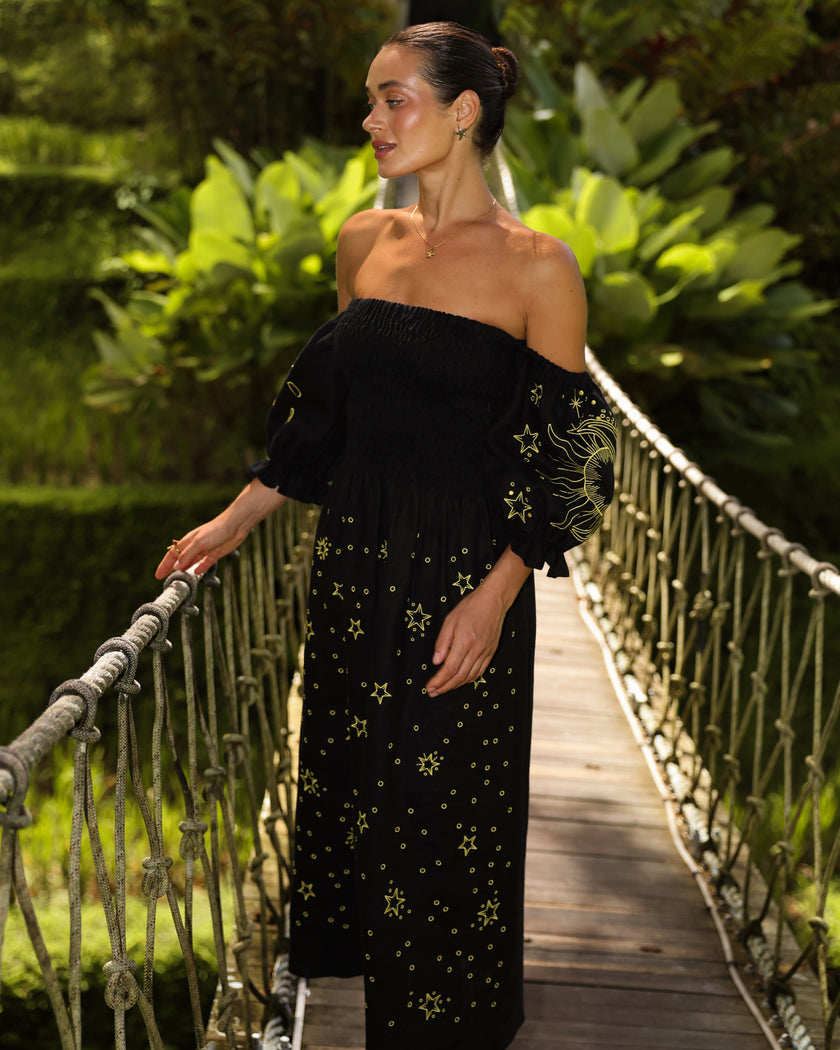 Black Embroidered Linen Dress | ZALXNDRA