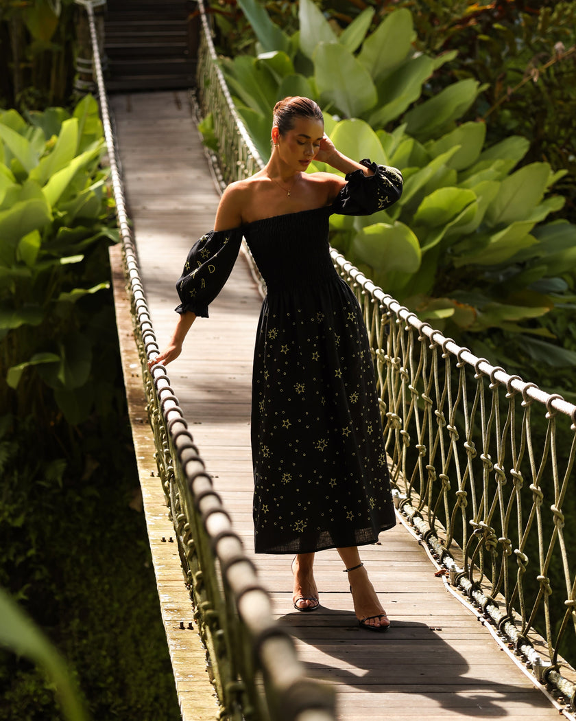 Black Embroidered Linen Dress | ZALXNDRA