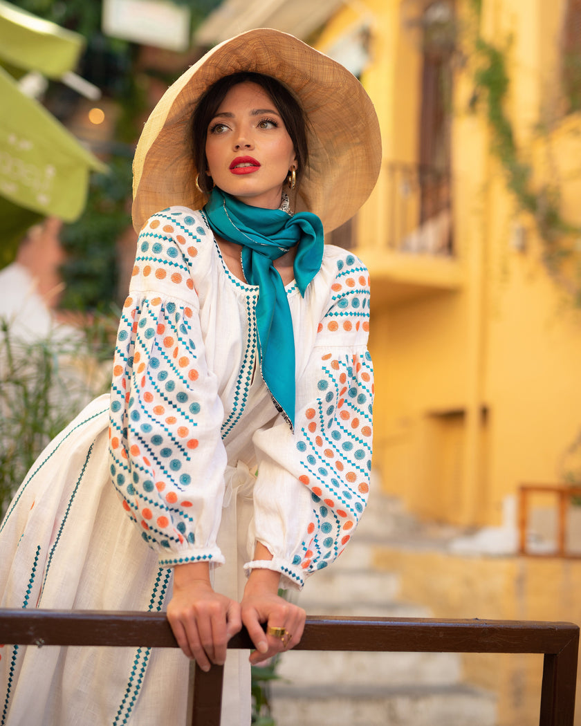 White Embroidered Linen Maxi Dress – Balloon Sleeves | ZALXNDRA