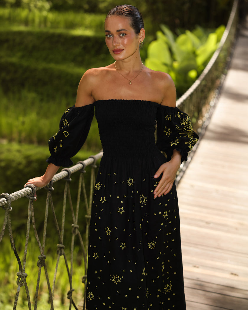 Black Embroidered Linen Dress | ZALXNDRA