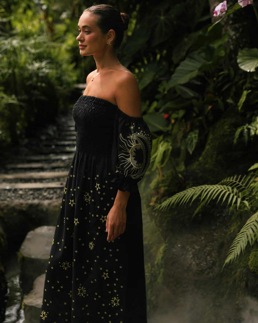 Black Embroidered Linen Dress | ZALXNDRA
