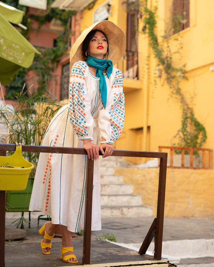 White Embroidered Linen Maxi Dress – Balloon Sleeves | ZALXNDRA