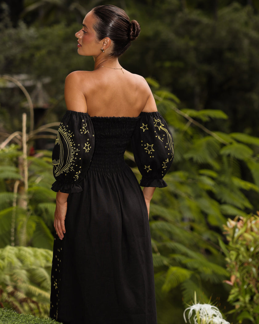 Black Embroidered Linen Dress | ZALXNDRA