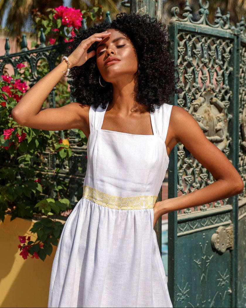 White Gold Embroidered Linen Midi Dress