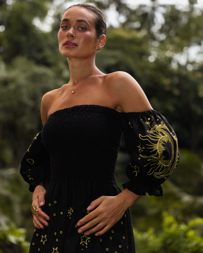 Black Embroidered Linen Dress | ZALXNDRA