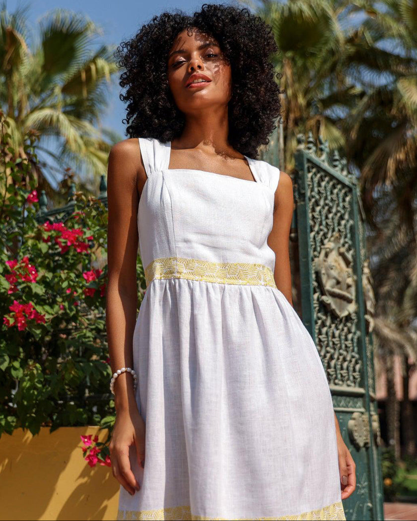 White Gold Embroidered Linen Midi Dress