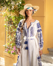 Robe longue blanche en lin brodé – Manches ballon | ZALXNDRA