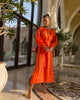 Pumpkin Orange Embroidered Linen Maxi Dress – Balloon Sleeves