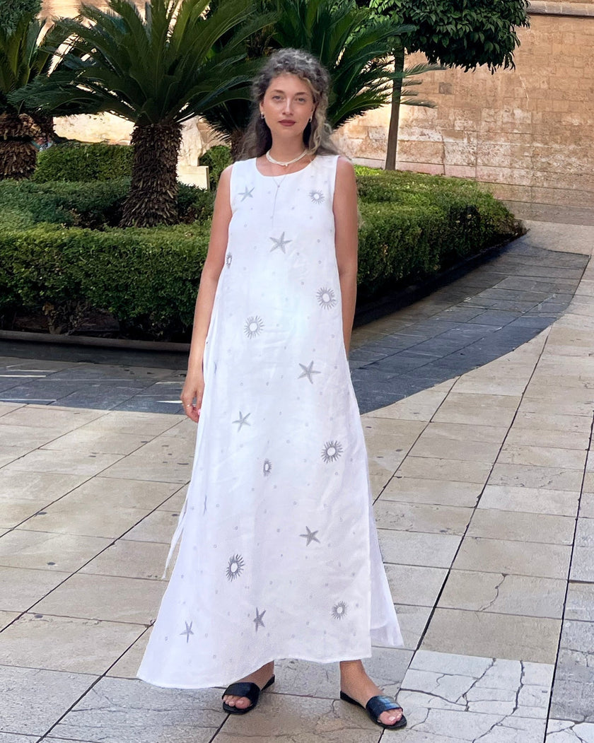 White Embroidered Linen Long Dress | ZALXNDRA