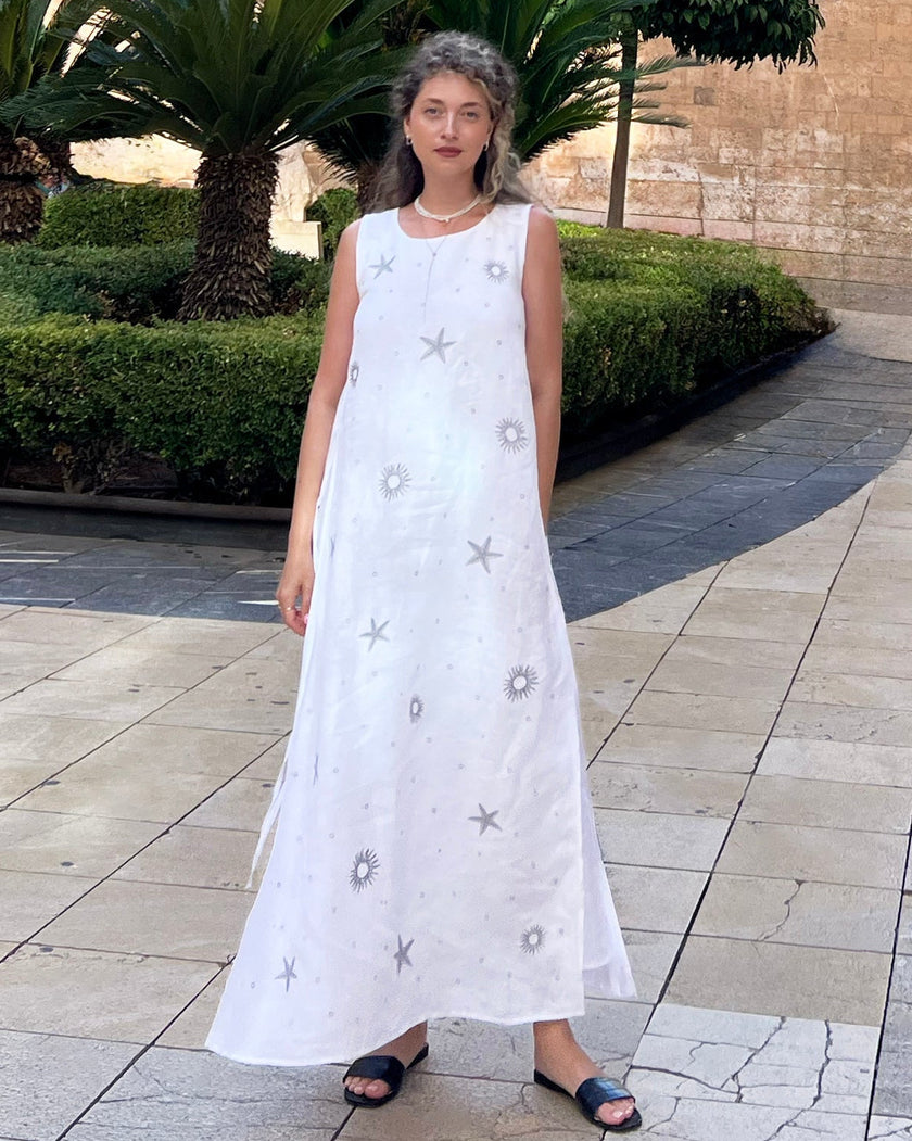 White Silver Sun and Star Embroidered Linen Maxi Dress