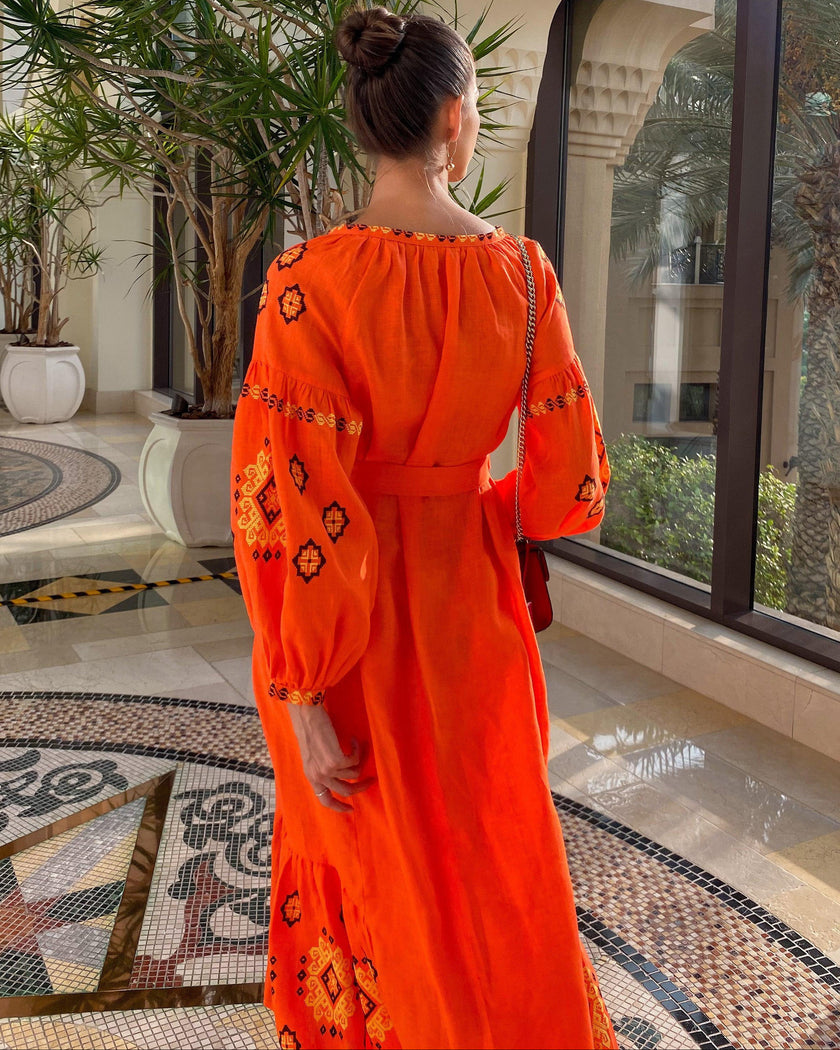 Pumpkin Orange Hand-Embroidered Cross-Stitch Linen Kaftan Maxi Dress