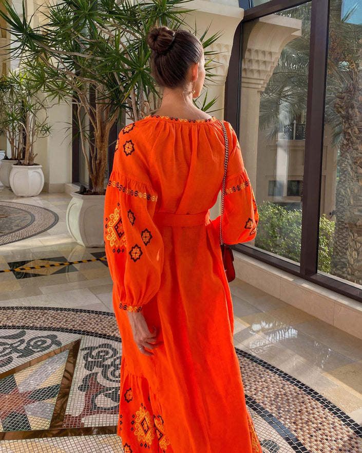 Pumpkin Orange Embroidered Linen Maxi Dress – Balloon Sleeves