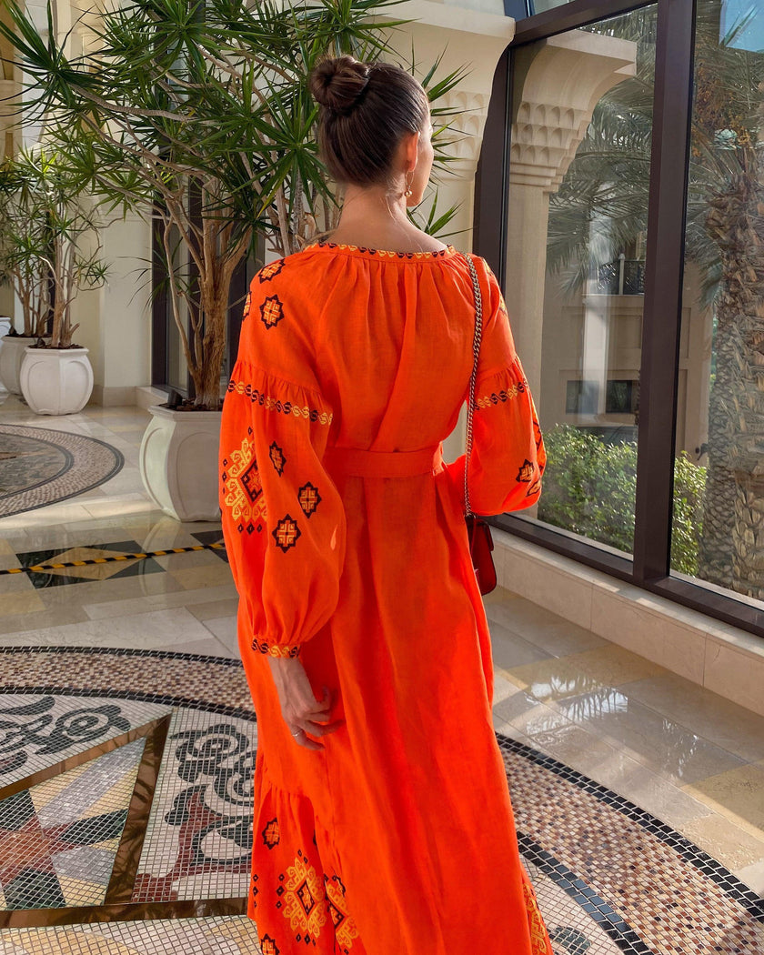 Pumpkin Orange Embroidered Linen Maxi Dress – Balloon Sleeves