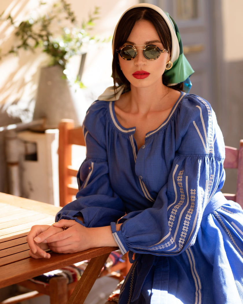 Royal Blue Embroidered Linen Maxi Dress – Balloon Sleeves