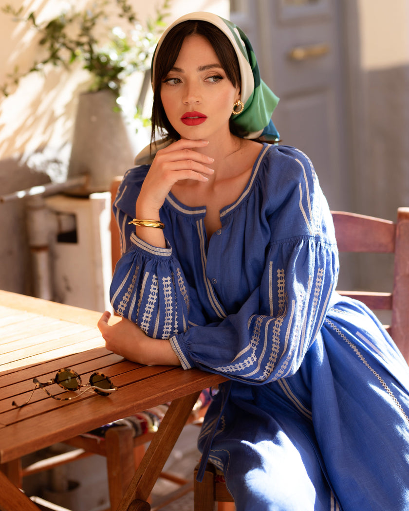 Royal Blue Embroidered Linen Maxi Dress – Balloon Sleeves