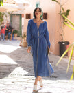 Royal Blue Embroidered Linen Maxi Dress – Balloon Sleeves